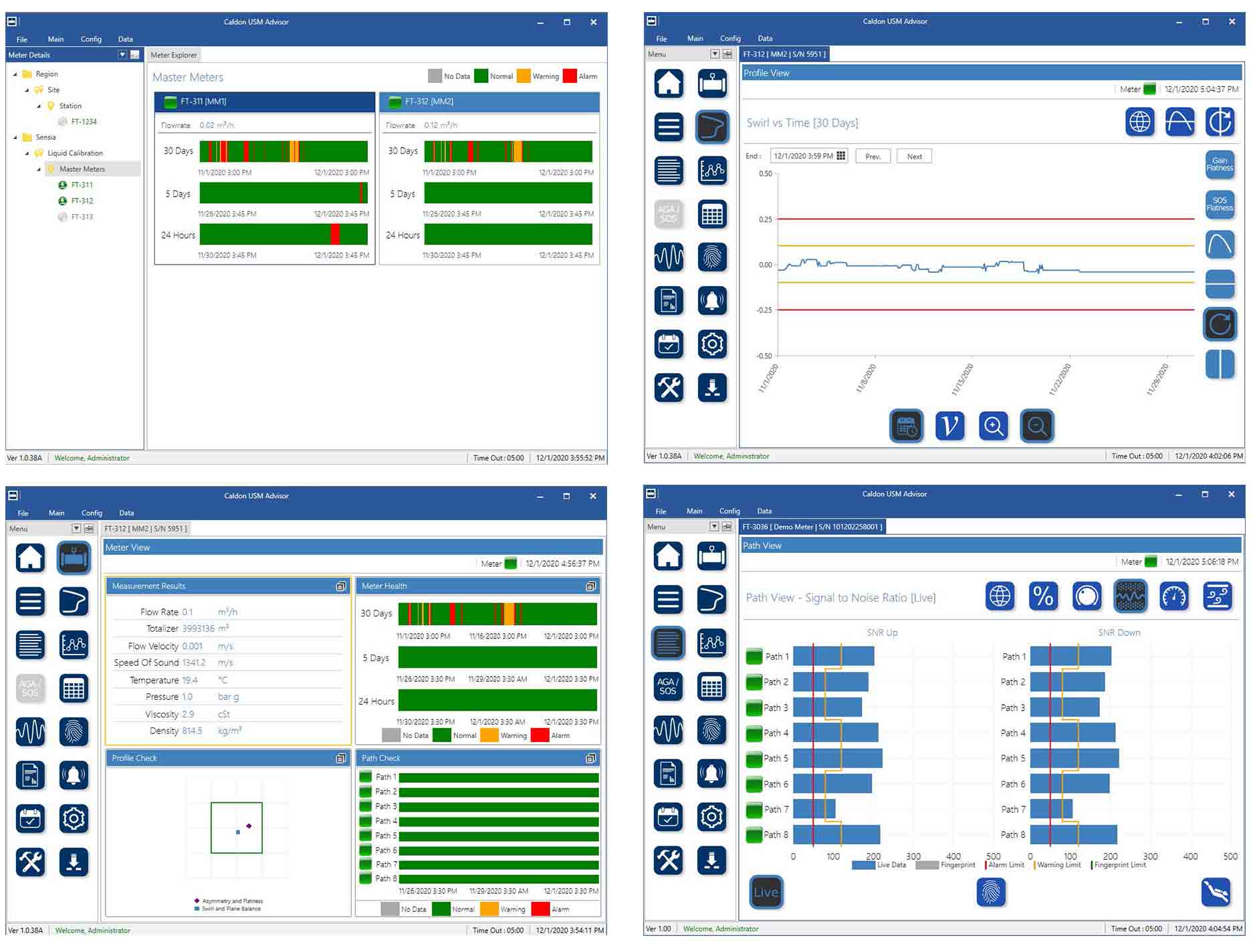 The software can be used to monitor the live and historical status of multiple meters in one view (top left), analyze historical data and trends for multiple parameters (top right), focus on the live and historical data of one meter installed anywhere worldwide (bottom left), or view live data including warning and alarm settings (bottom right).