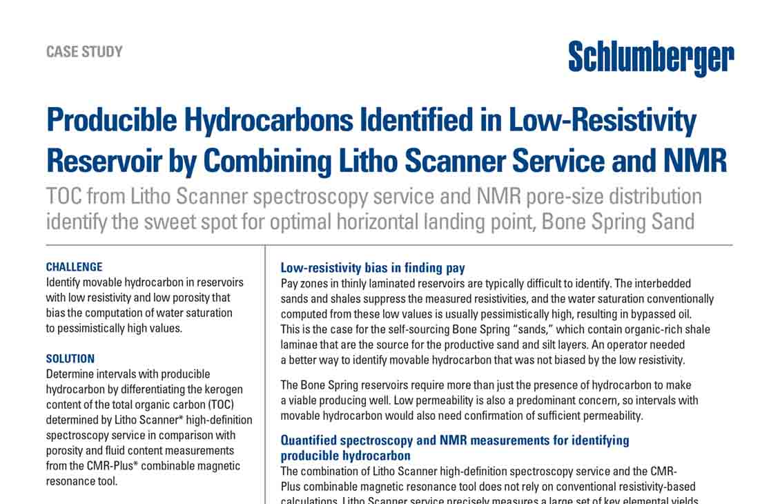 Producible Hydrocarbons Identified in Low-Resistivity Reservoir by Combining Litho Scanner Service and NMR - TOC from Litho Scanner spectroscopy service and NMR pore-size distribution identify the sweet spot for optimal horizontal landing. point, Bone Spring Sand