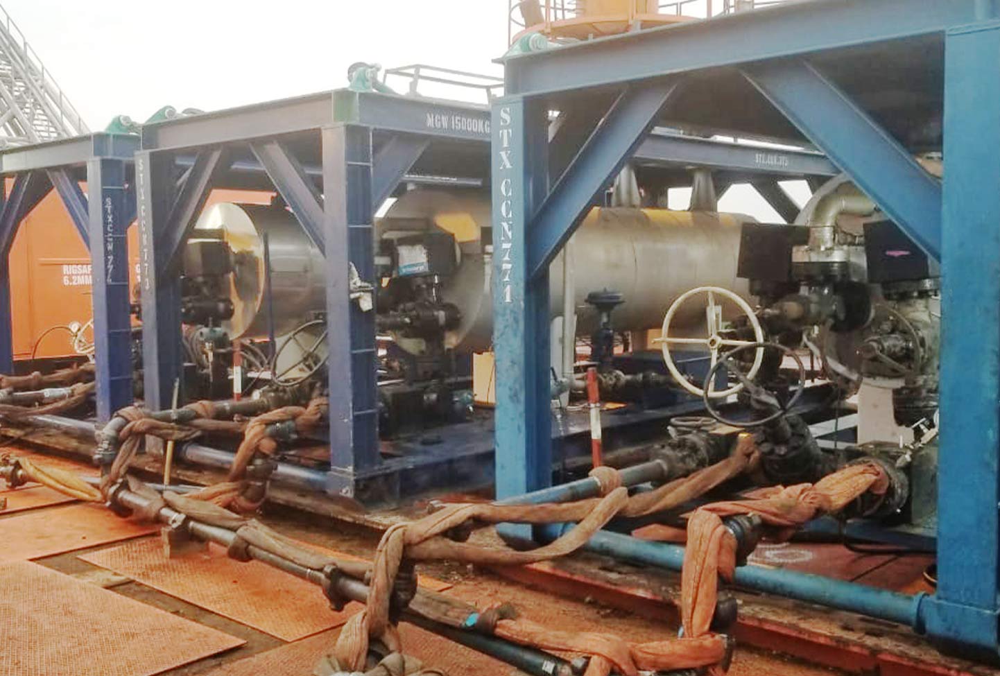Steam heat exchangers used to prepare chemical solvents for the pipeline maintenance solution. 