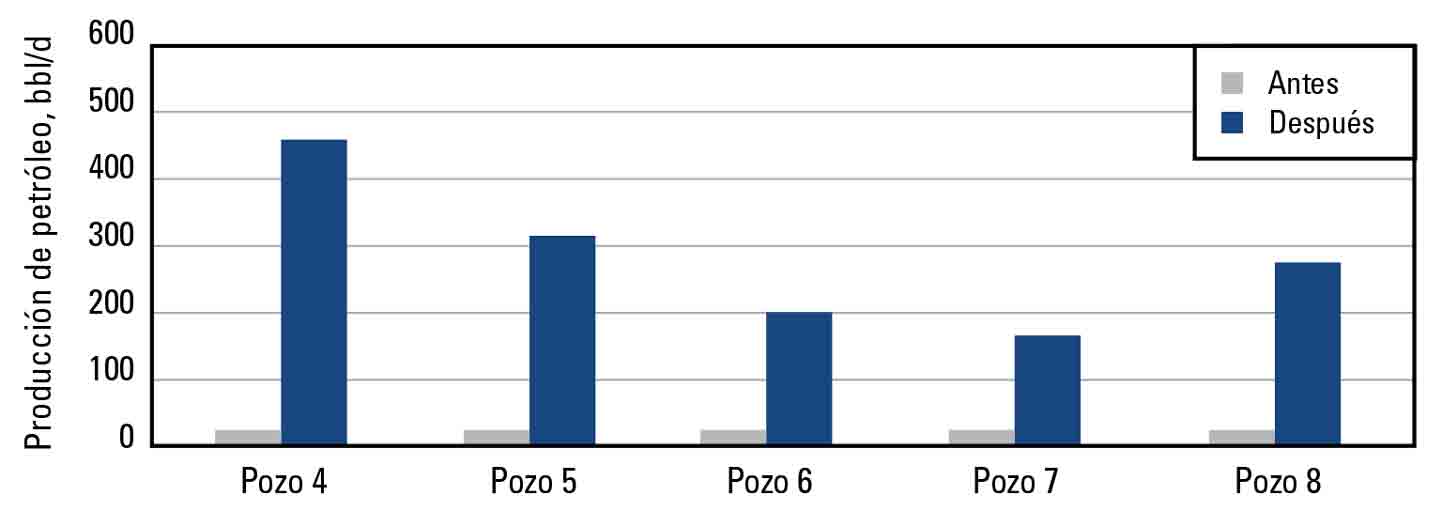 En promedio, el servicio DualSTIM incrementó la producción de petróleo en 300 bbl/d por pozo.