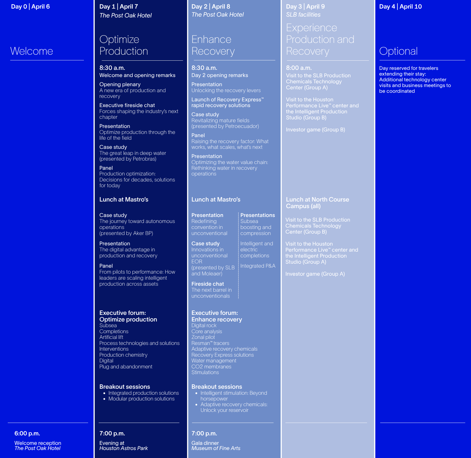 Image of the daily agenda for the Production and Recovery summit.