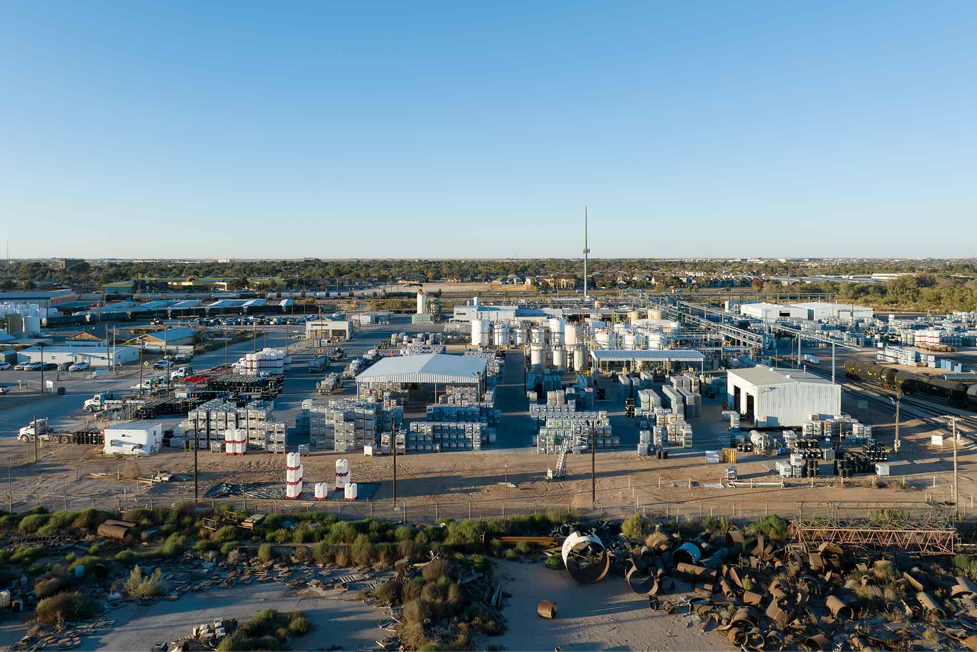 Aerial view of an SLB chemical manufacturing plant in Odessa, Texas.