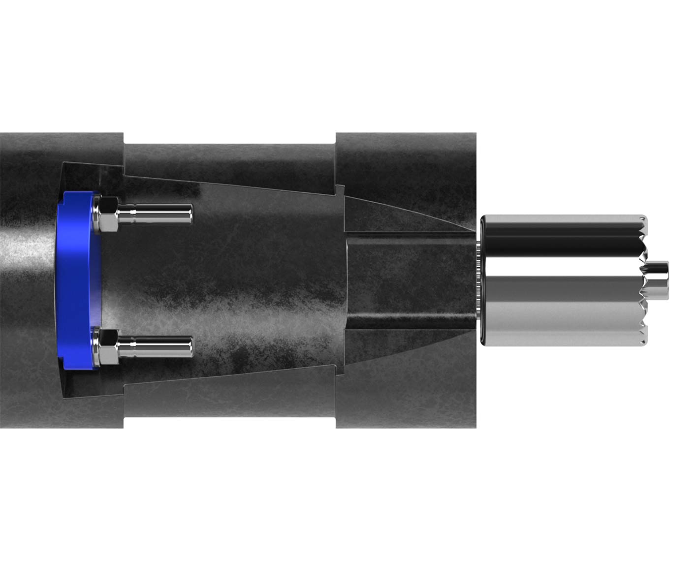 Cross-section of a mechanical device showing a cylindrical housing with a blue circular part on the left, internal tapered structures in the middle, and a metal shaft extending on the right.