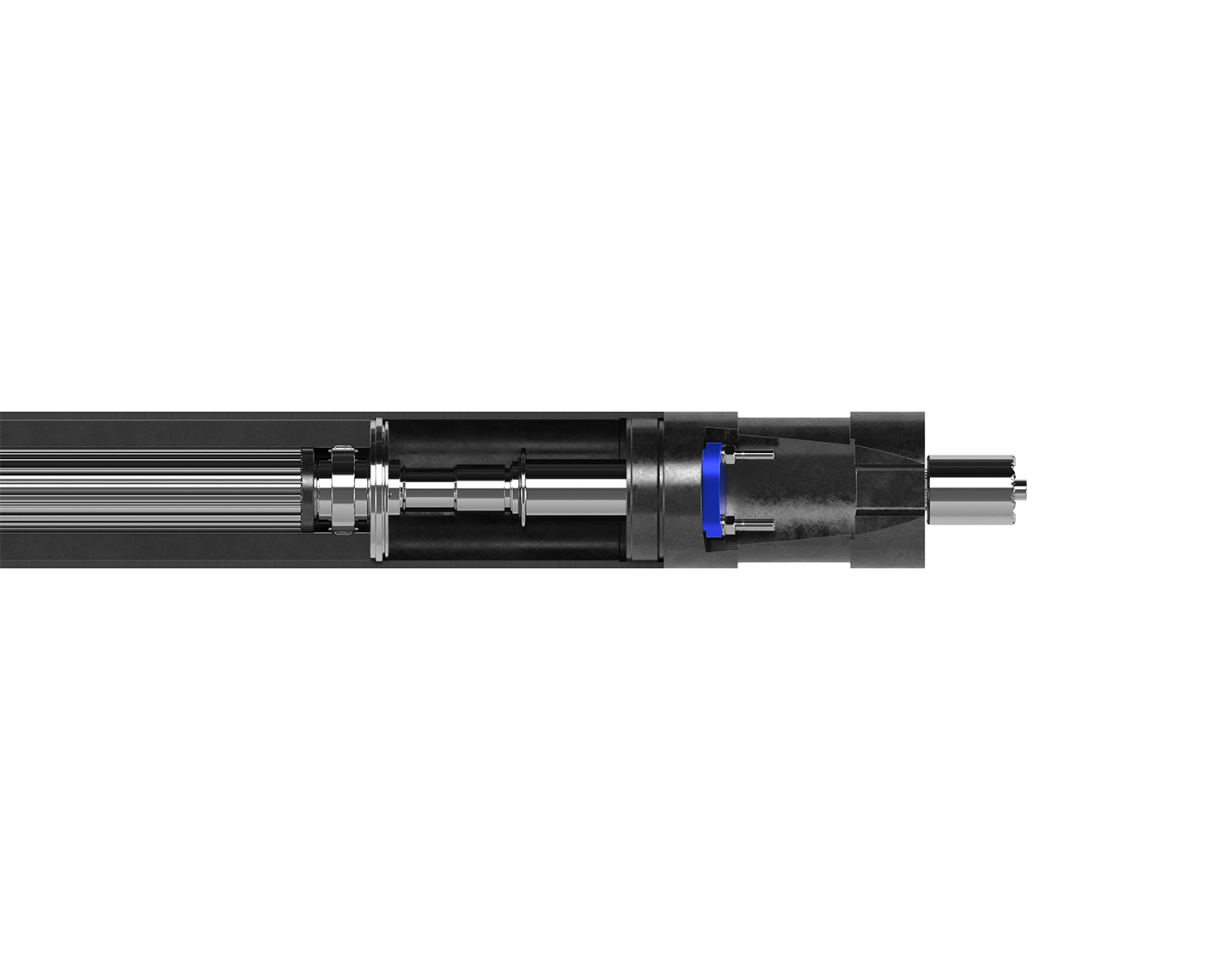 Cross-section of a mechanical device showing a cylindrical housing with a blue circular part on the left, internal tapered structures in the middle, and a metal shaft extending on the right.