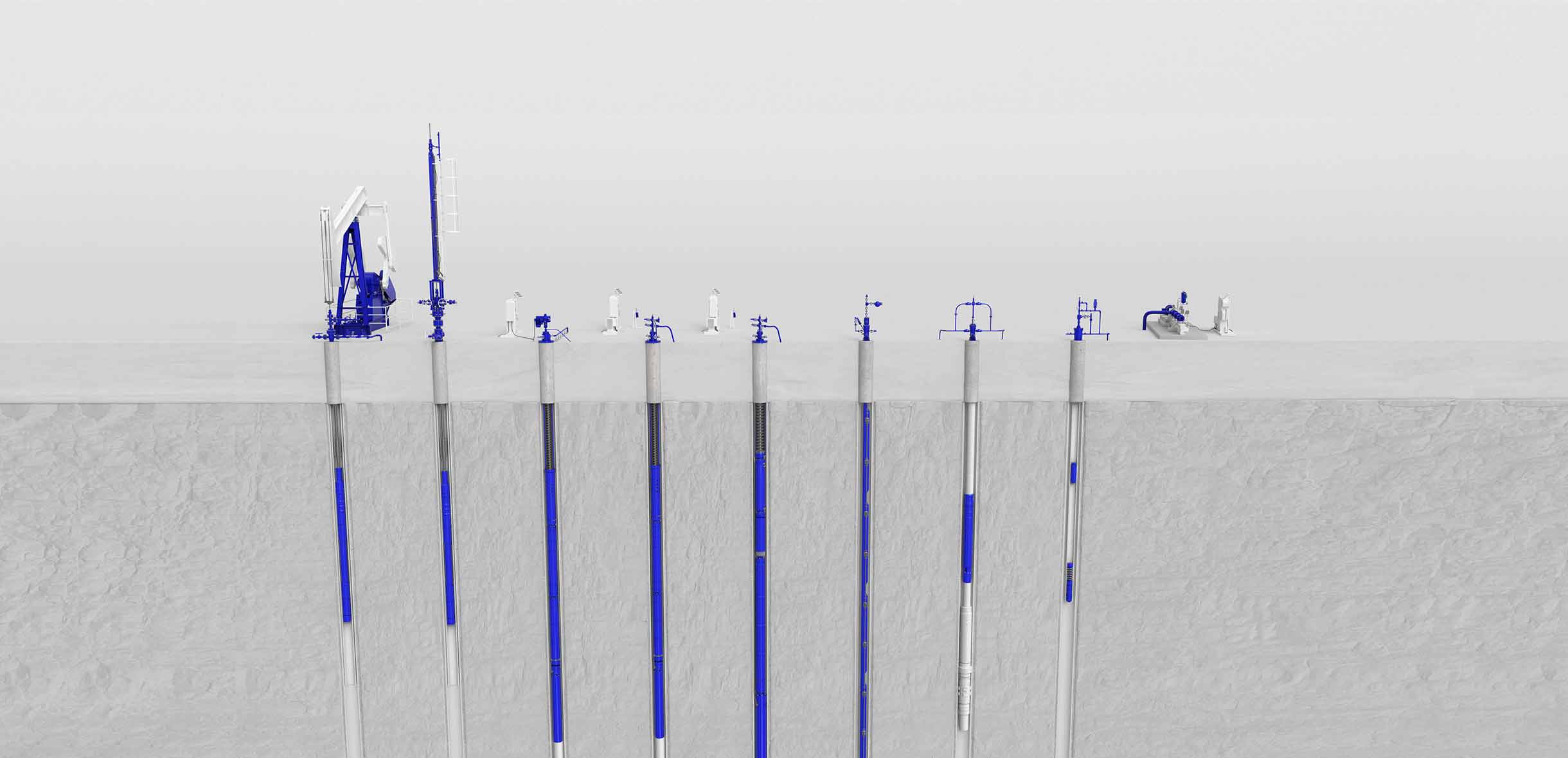 Rendering of SLB surface pump and 8 wells, each with a different artificial lift solution from SLB.