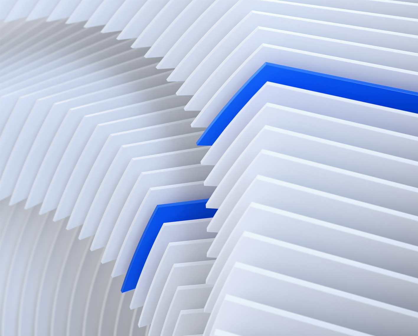 Artwork shows 3D curved structures composed of solid white rectangles and two blue rectangles.
