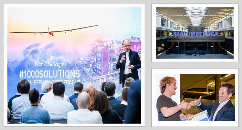 Bertrand Piccard of the Solar Impulse Foundation and Olivier Le Peuch, chief executive officer at Schlumberger presenting at the Schlumberger Blue Tech Innovation Awards.