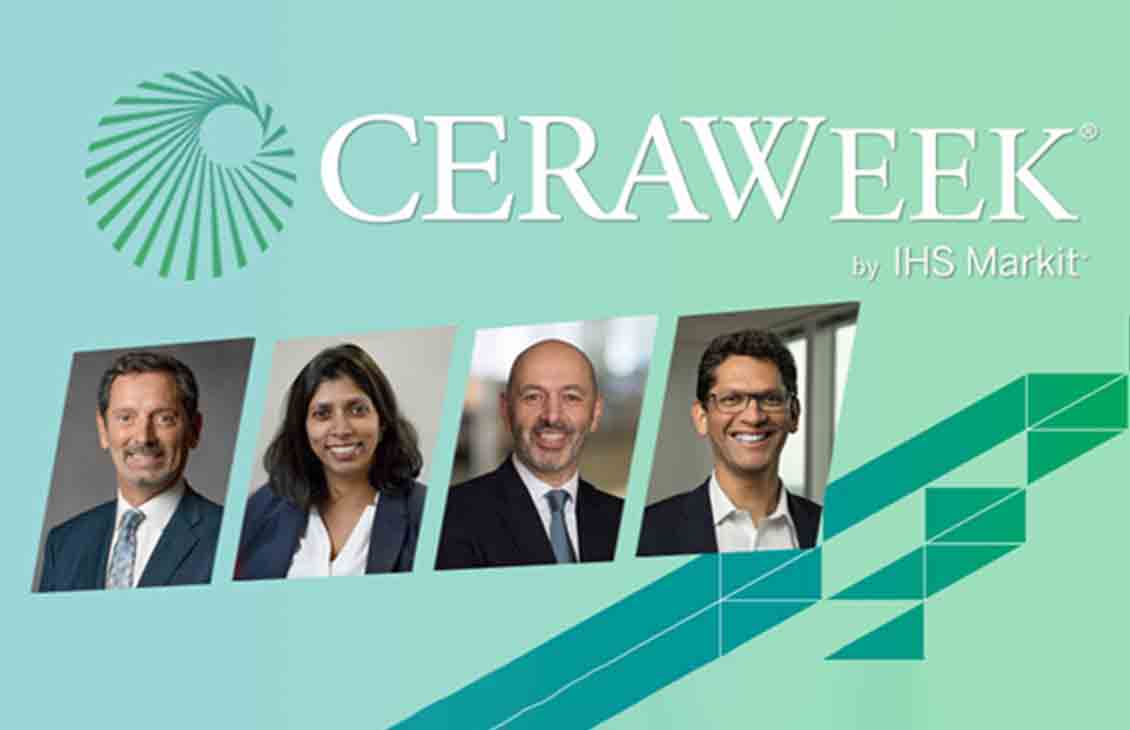 Image of Schlumberger's CEO Olivier Le Peuch, Reservoir Performance President Aparna Raman, CTO Demos Pafitis, and VP of Human Resources Gavin Rennick at CERAWeek 2021