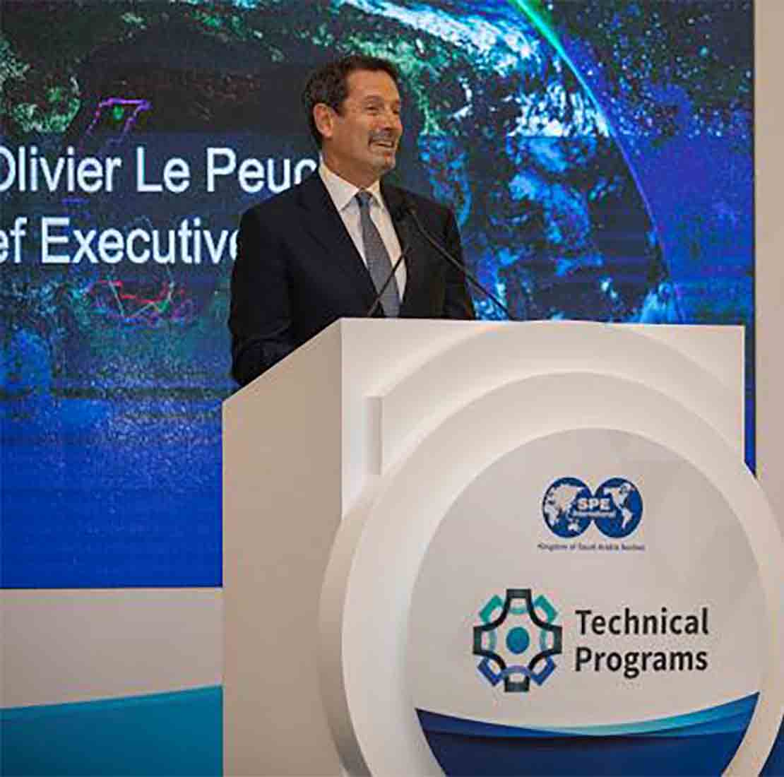 Schlumberger CEO, Olivier Le Peuch, speaks at the SPE event in the Middle East