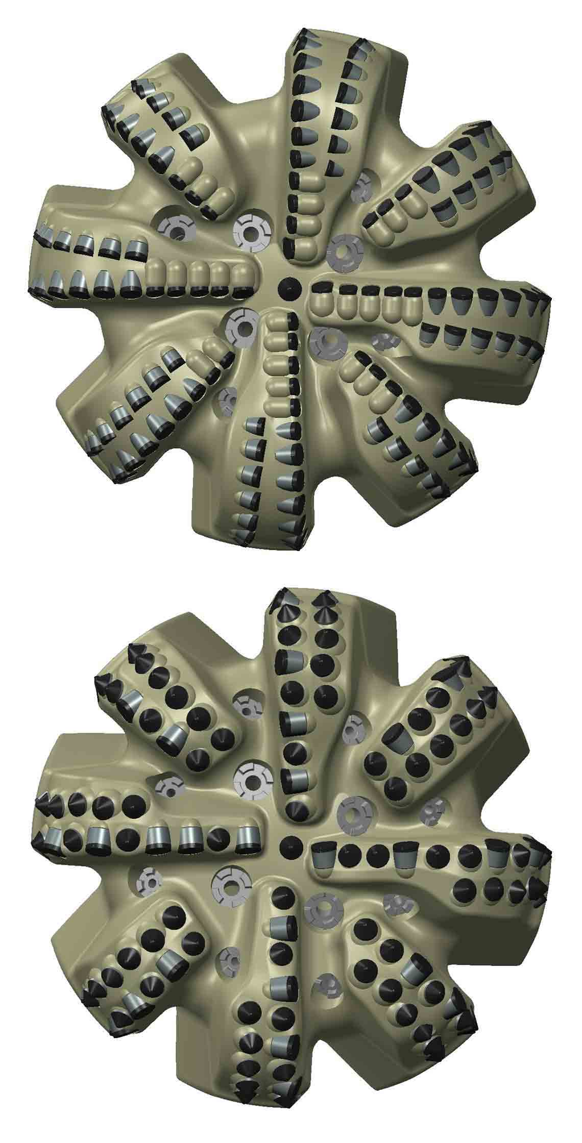 FIGURE 2. Using its integrated dynamic design and analysis platform, Schlumberger designed two fit-for-purpose drill bits to tackle the carbonate complexity within the Búzios Field. These bits featured a central Stinger conical diamond element (left) and Stinger conical diamond elements dispersed throughout the blades (right). (Source: Schlumberger)
