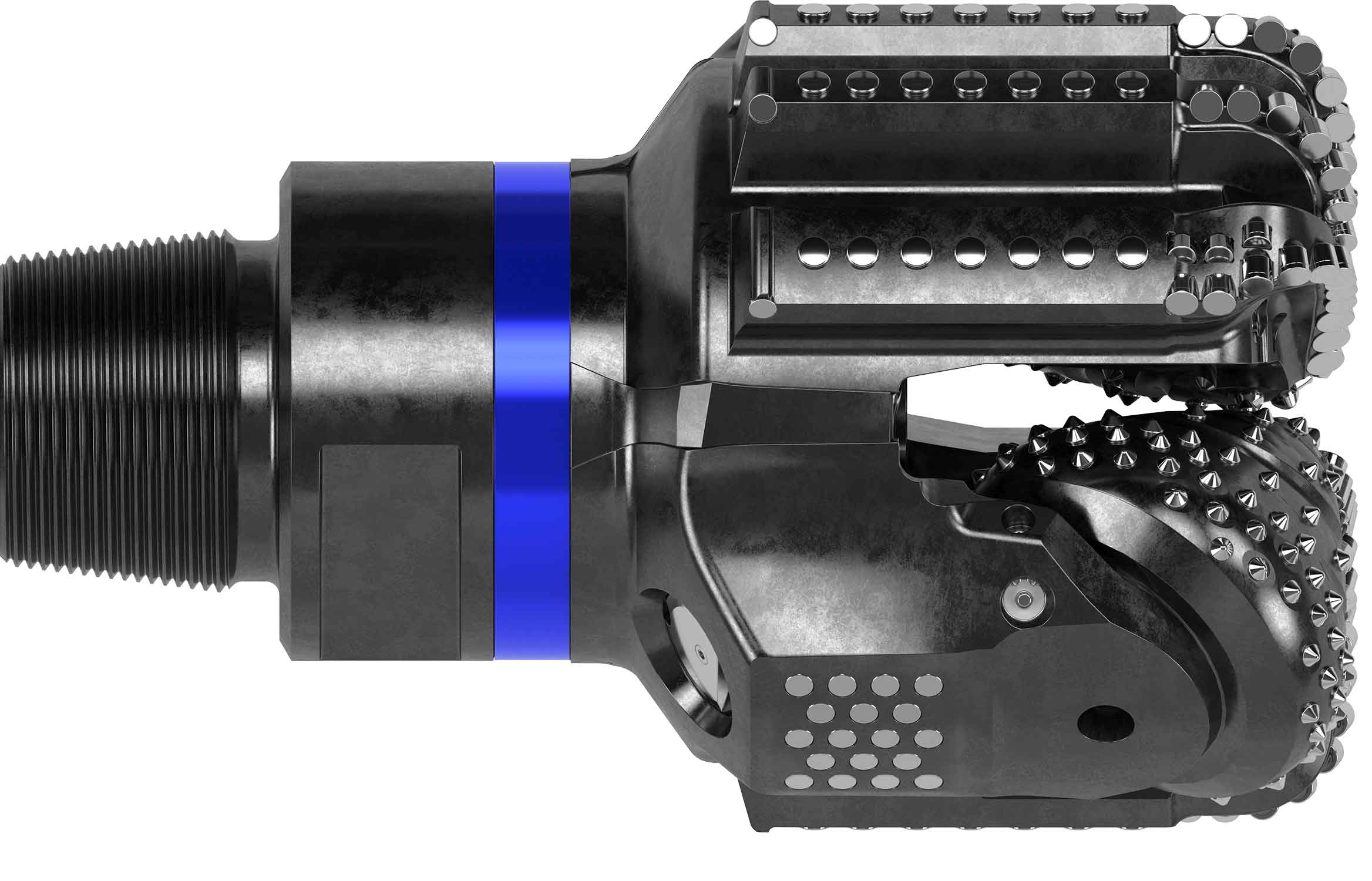 Rendering of the Spyder hybrid drill bit showing its unique blend of fixed cutter and roller cone designs.