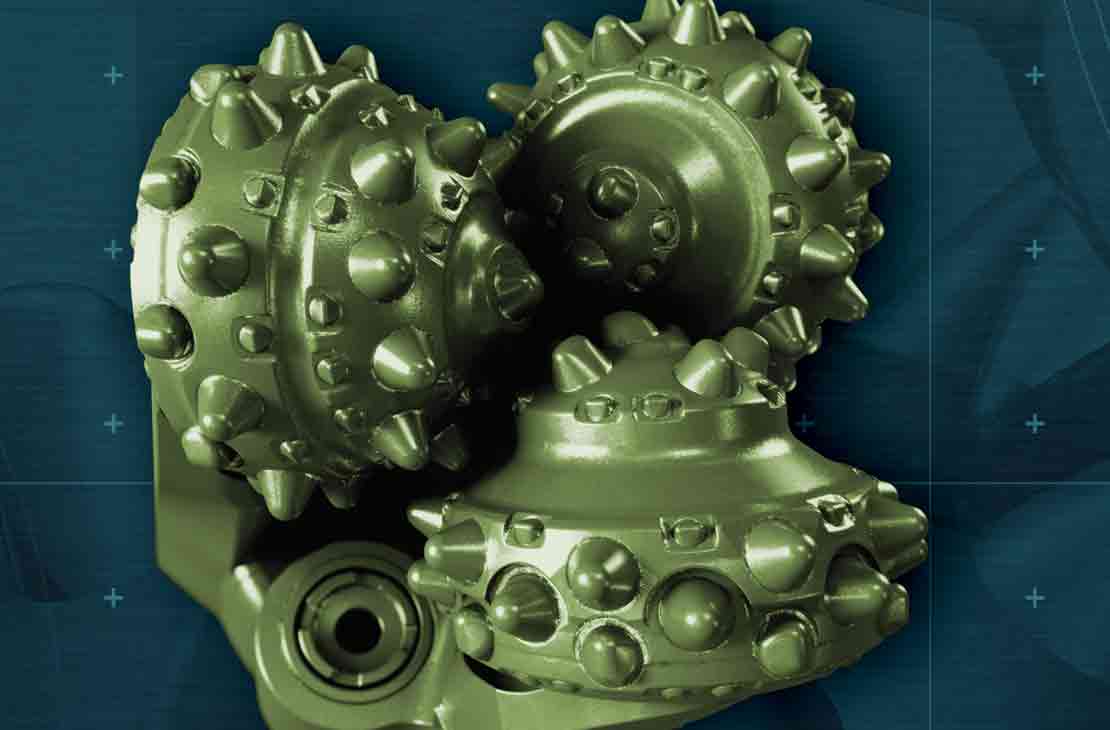 Closeup of Xplorer Helix roller cone bit showing cutting structure