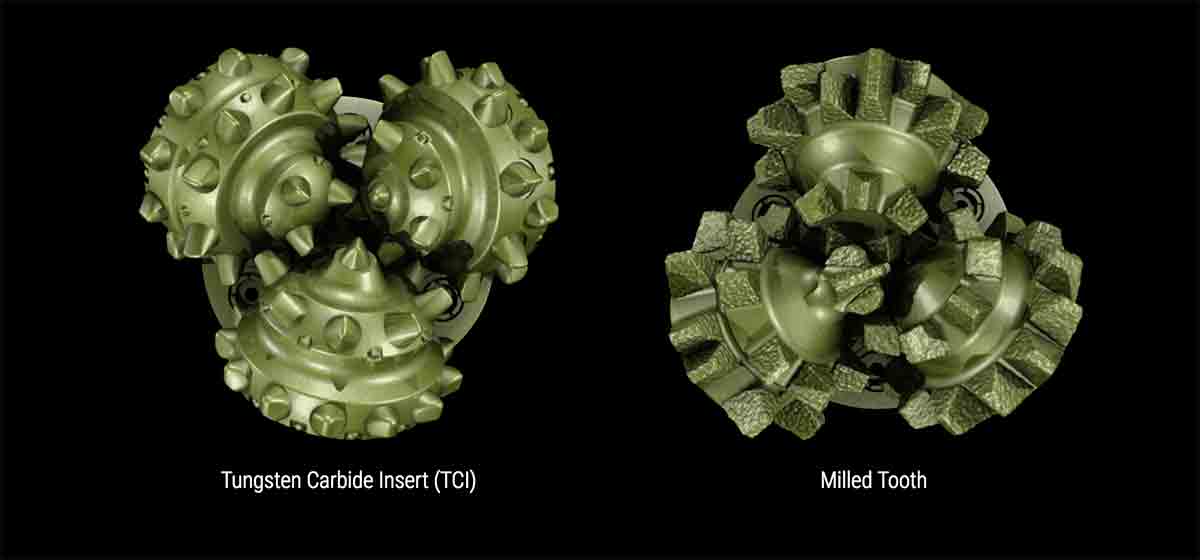 Two roller cone drill bits, one a tungsten carbide insert (TCI) bit, the other a milled tooth bit