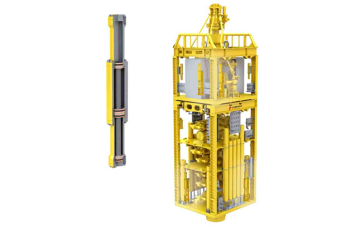 Rendering showing that the system needs two subsea pressure intensifiers installed on the stack.