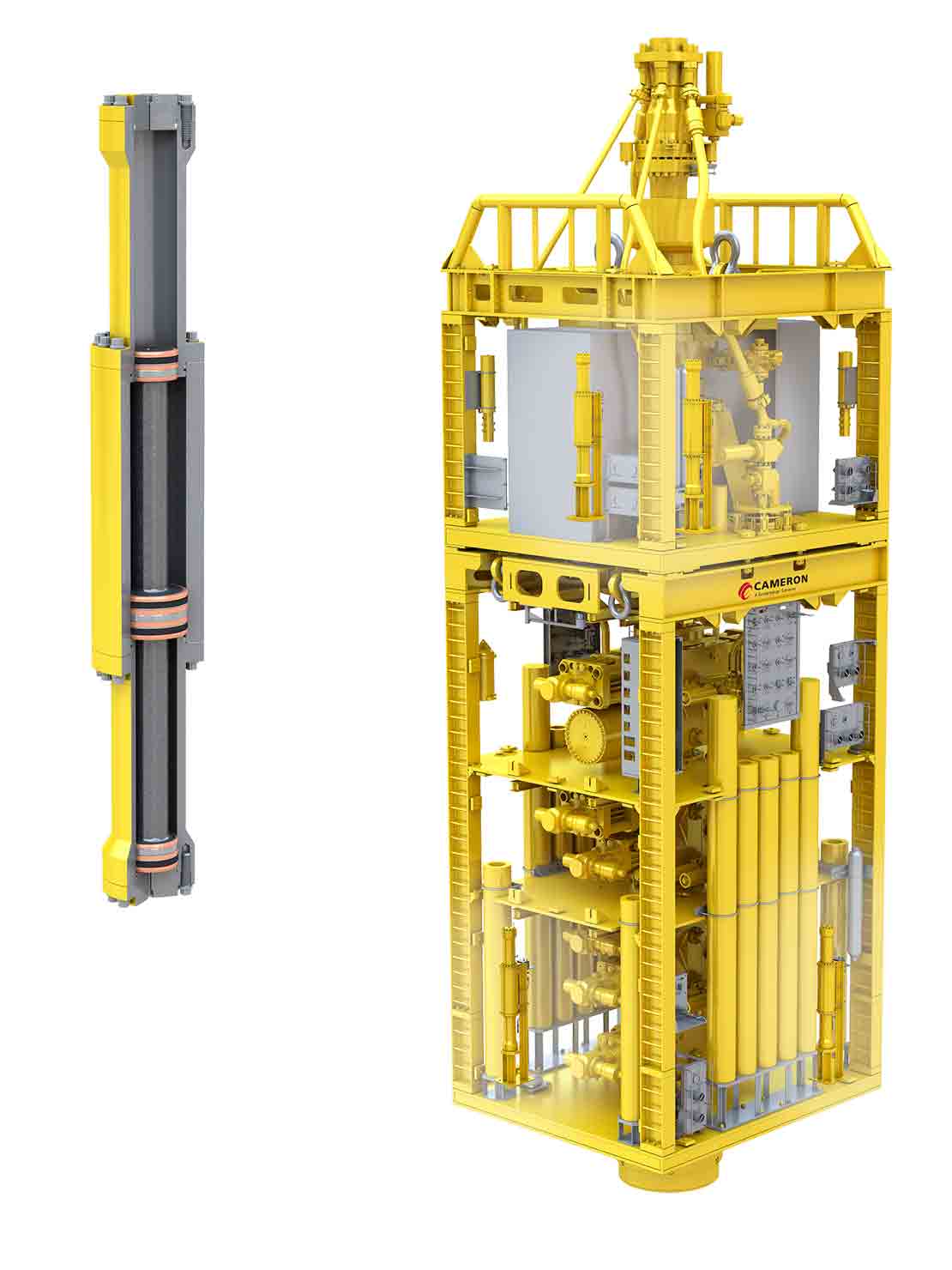 Rendering showing that the system needs two subsea pressure intensifiers installed on the stack.
