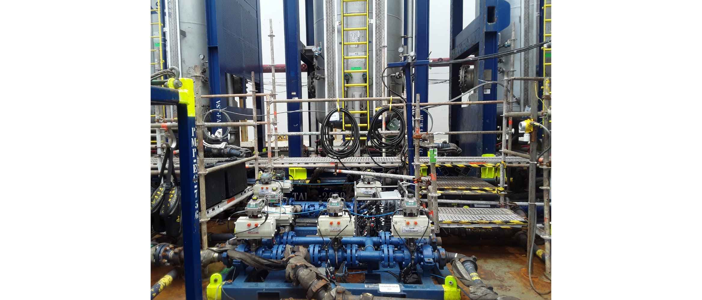 Photo of automated oil manifold and surge tanks installed in Brazil offshore.