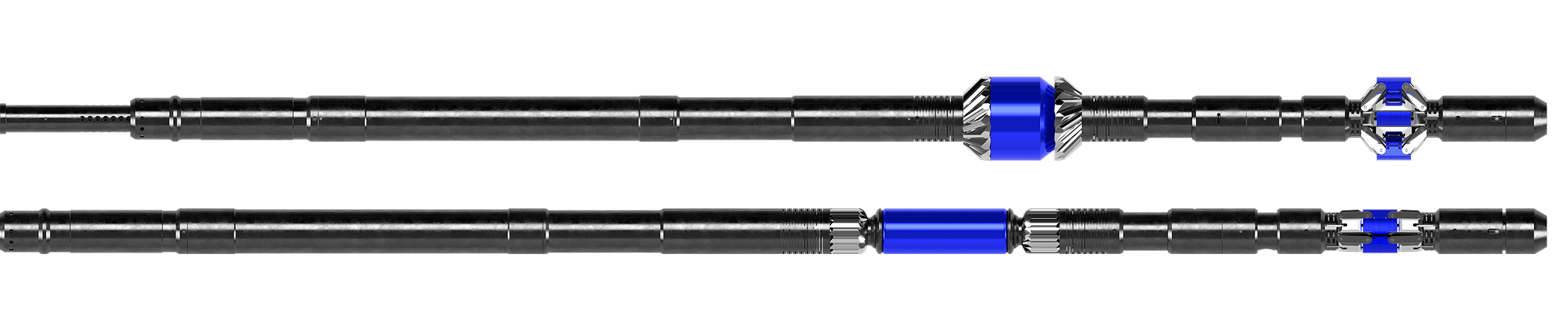 3D renders of the Hi-Ex retrievable bridge plug in expanded (top) and collapsed (bottom) states.