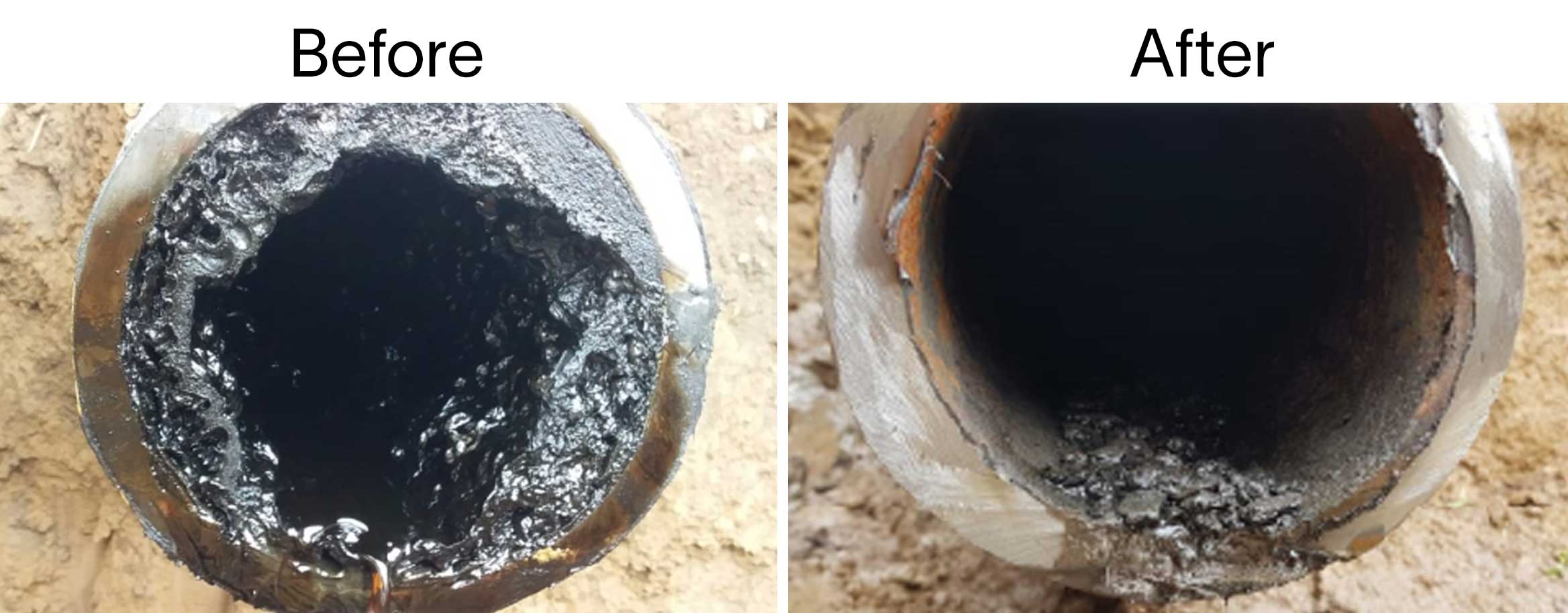 Image of clogged flowline before and after cleanout.
