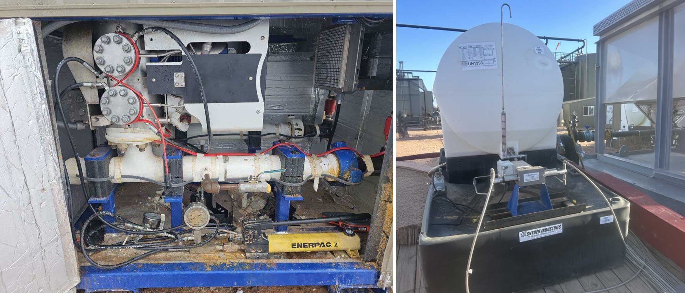 Vx Spectra flowmeter layout implemented using a block-and-bleed flange (picture on the left) and hoses connected to an automated chemical injection pump (picture on the right).