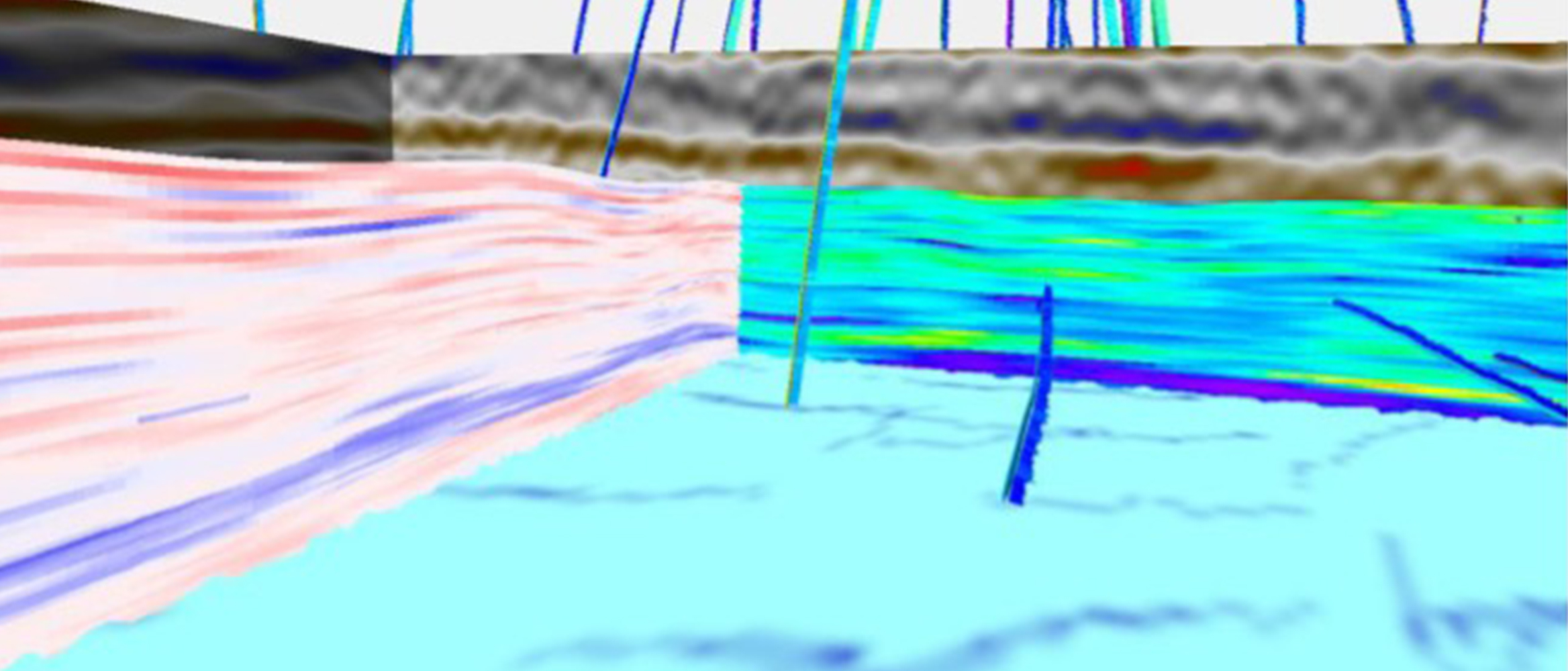 Image of 3D geomechanical model displayed (left, minimum stress; right, Poisson's ratio) together with ant-tracking results and original seismic data.