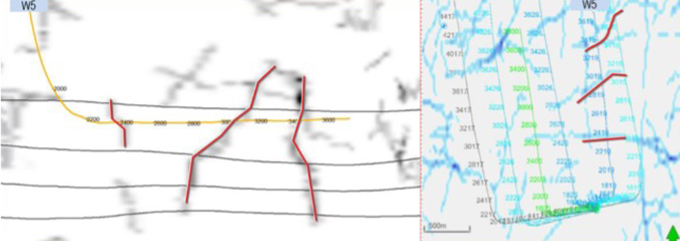 Image of section view (left) and map view (right) of ant-tracking natural fractures for Well 5 (W5) and the pad.