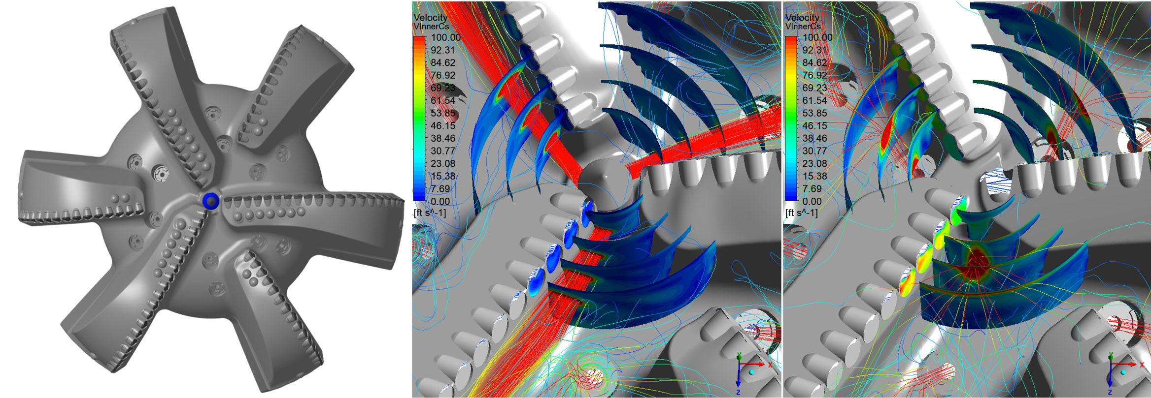 An image showing the CenterFlow drill bit and the comparison of radial flow between a bit with CenterFlow and a bit without
