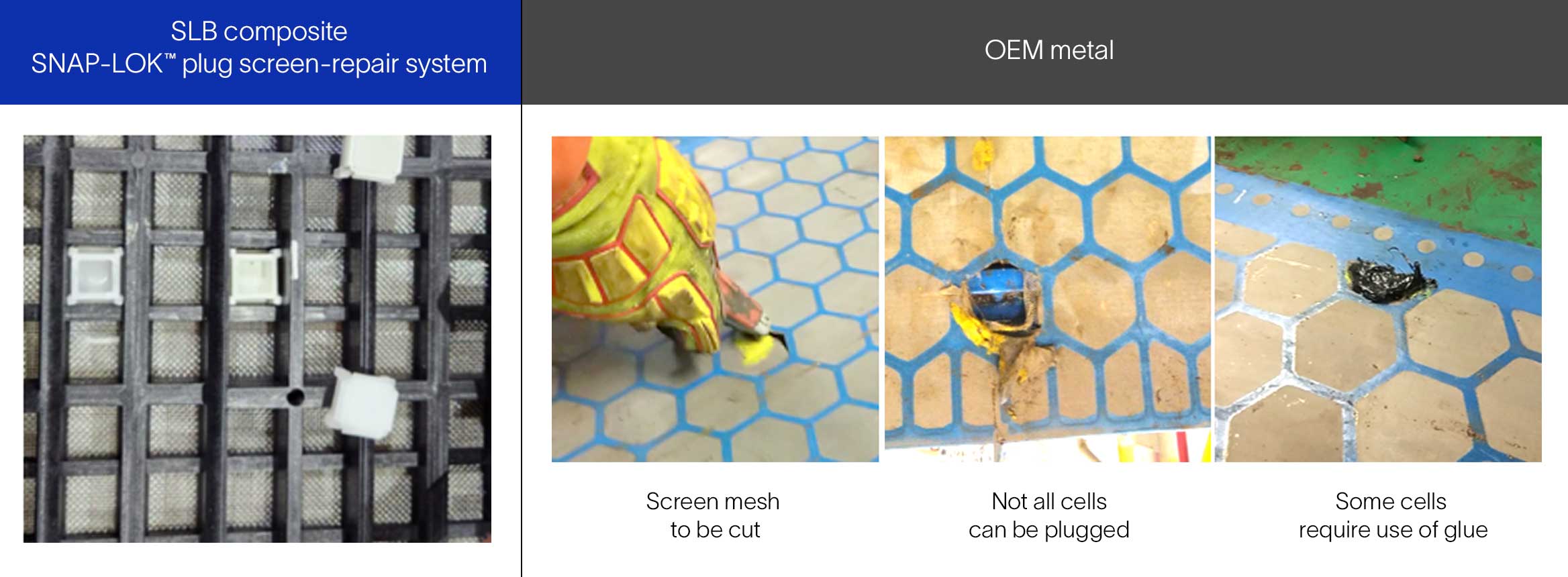Duraflo composite screen with SNAP-LOK repair plugs alongside OEM metal screens showing repaired mesh cells.