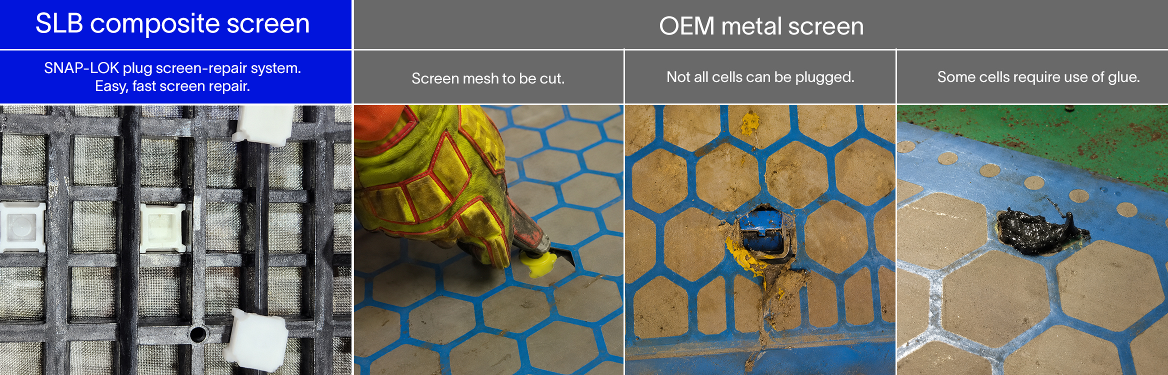 Close-up comparison of SLB composite and OEM metal screens showing screen mesh condition and plugging.