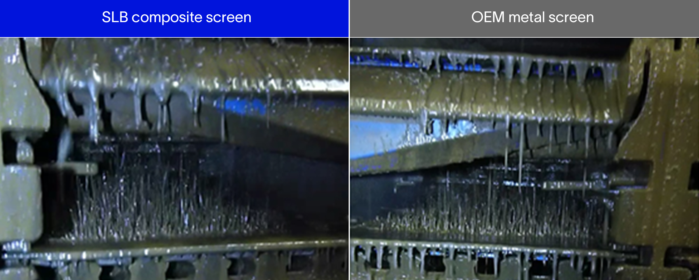 OEM metal and SLB composite screens shown during shaker operation for performance comparison.