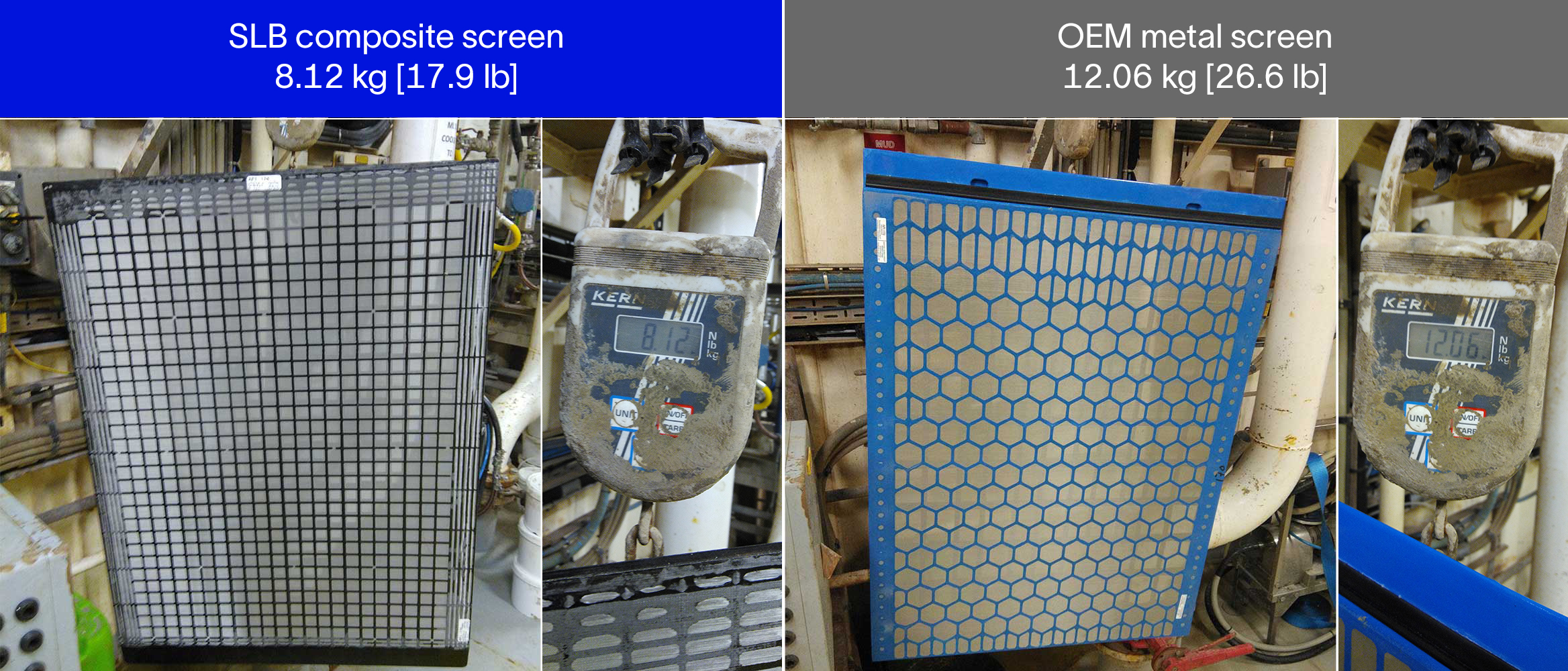 SLB composite screen and OEM metal screen shown side by side to compare weight and screen design.