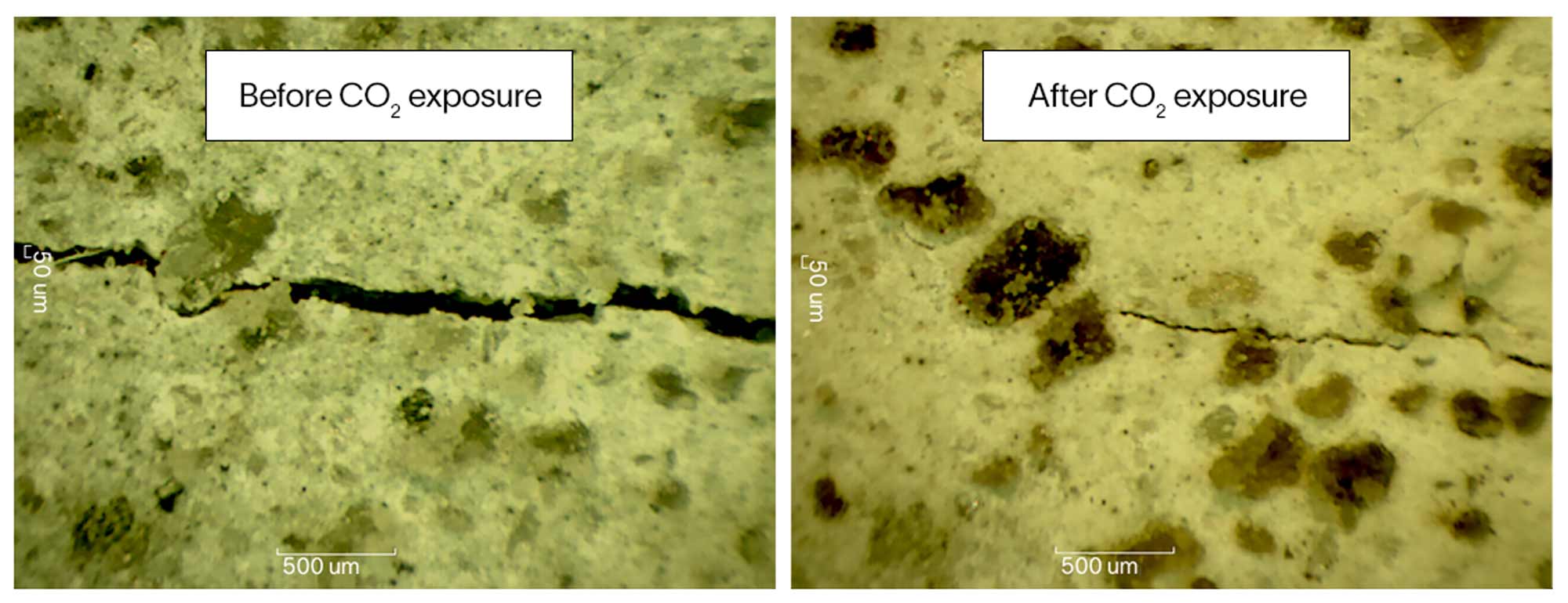 Photo of EverCRETE system’s self-healing properties before and after exposure to CO2.   