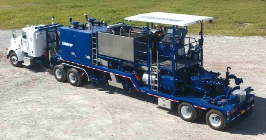 The land cementing unit trailer connected to a big rig
