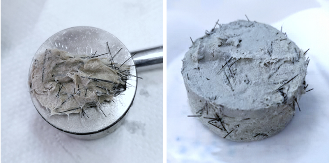 Photos of (L) dry mix of fine particles with black fibers and (R) compact mud plug with same fibers.