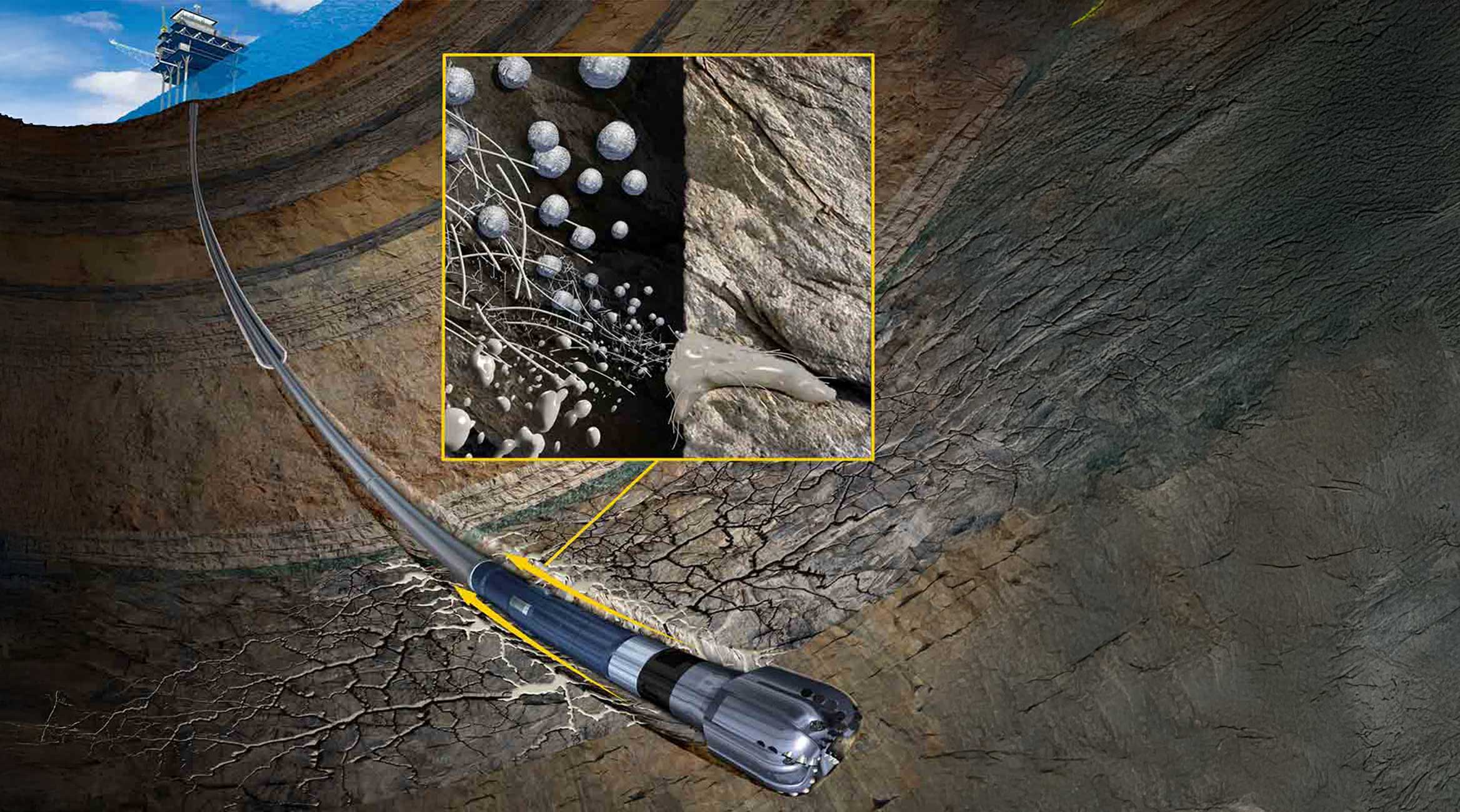 Illustration demonstrating the pressure-resistant seal bridging fractures along drill string.