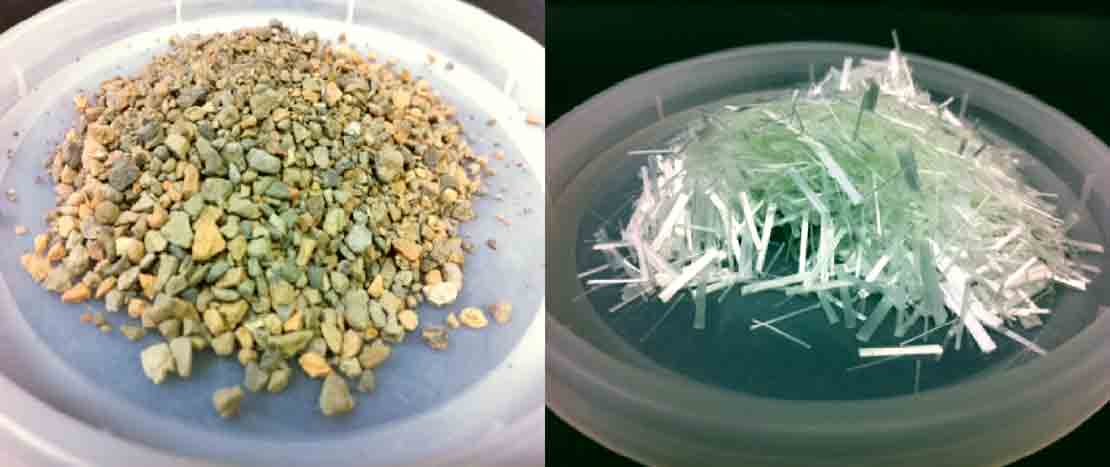 On the left: a small pile of vitrified shale particles, on the right: a loose handful of CemNET engineered fibers of various sizes