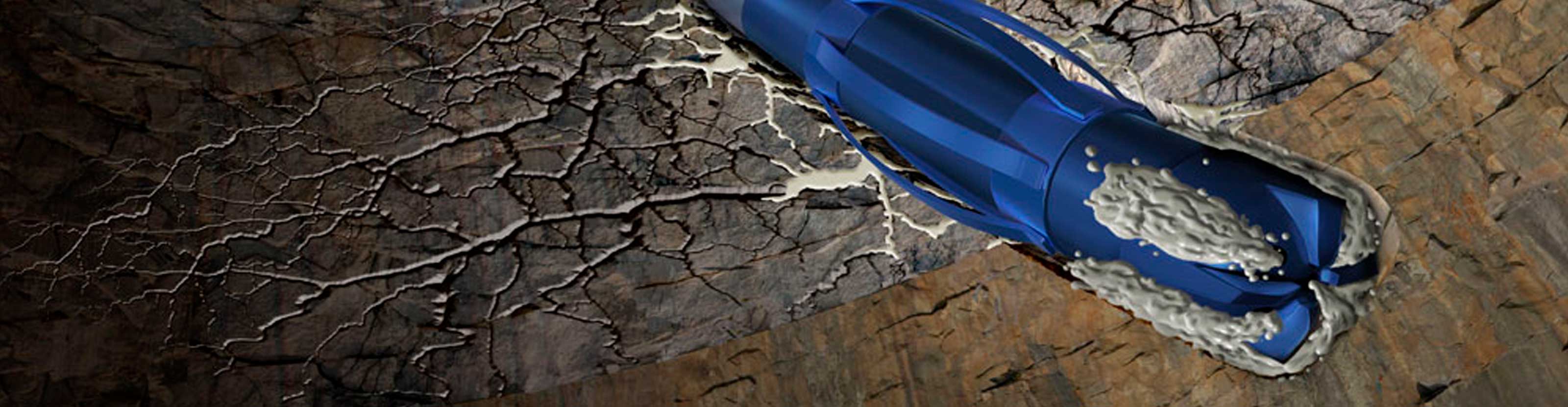 Hero graphic with drill bit and cementing fluid at the end.