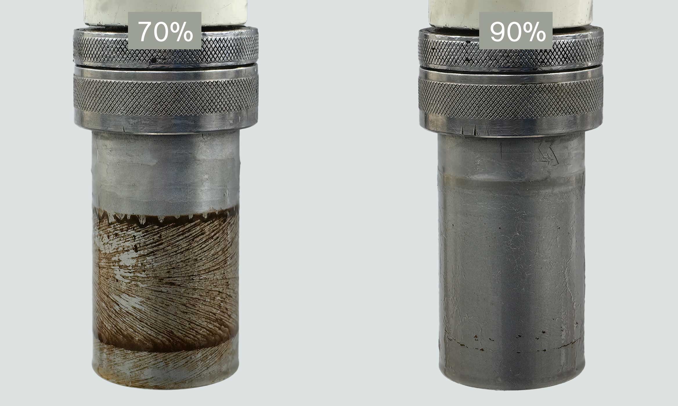  CemPRIME Scrub spacer (right) removes nonaqueous fluid more efficiently compared with a conventional cementing spacer (left).