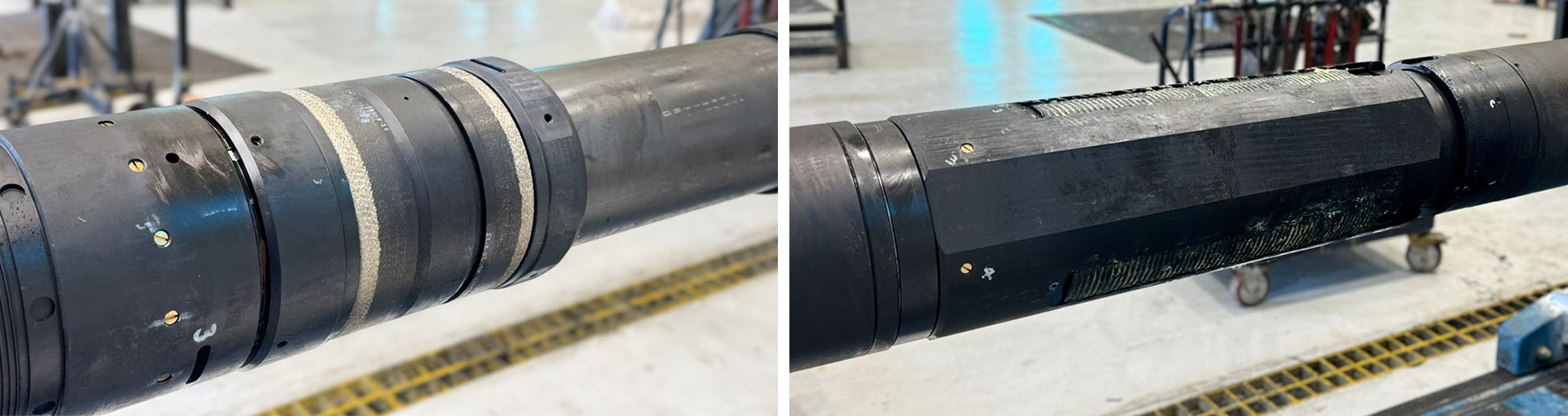 Photo of upgraded Colossus system liner top packer (left) and liner hanger (right) in the workshop.