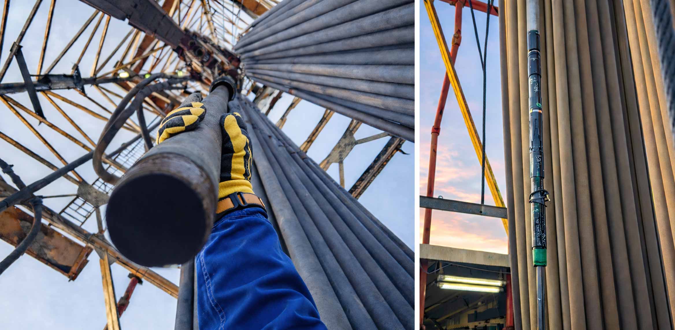 Two photos of Xcelis liner hanger system suspended in the derrick before running in hole.