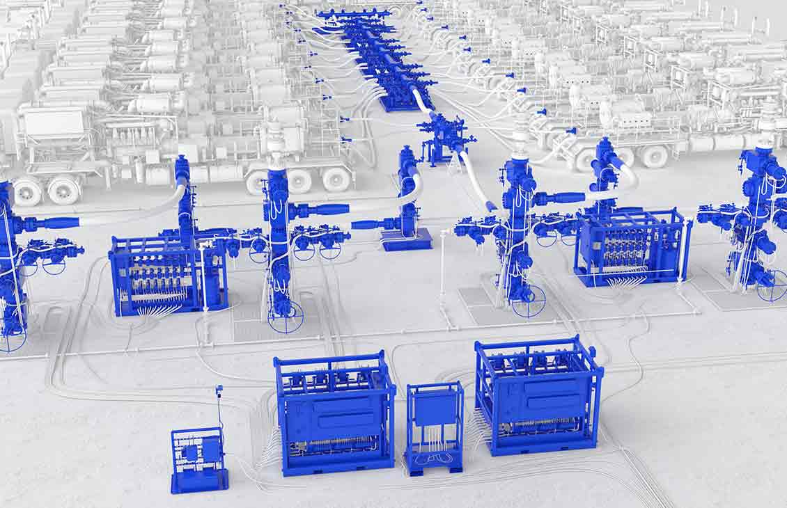 Schematic of hydraulic frac surface setup, including frac trucks, frac trees, pumps, and manifolds.
