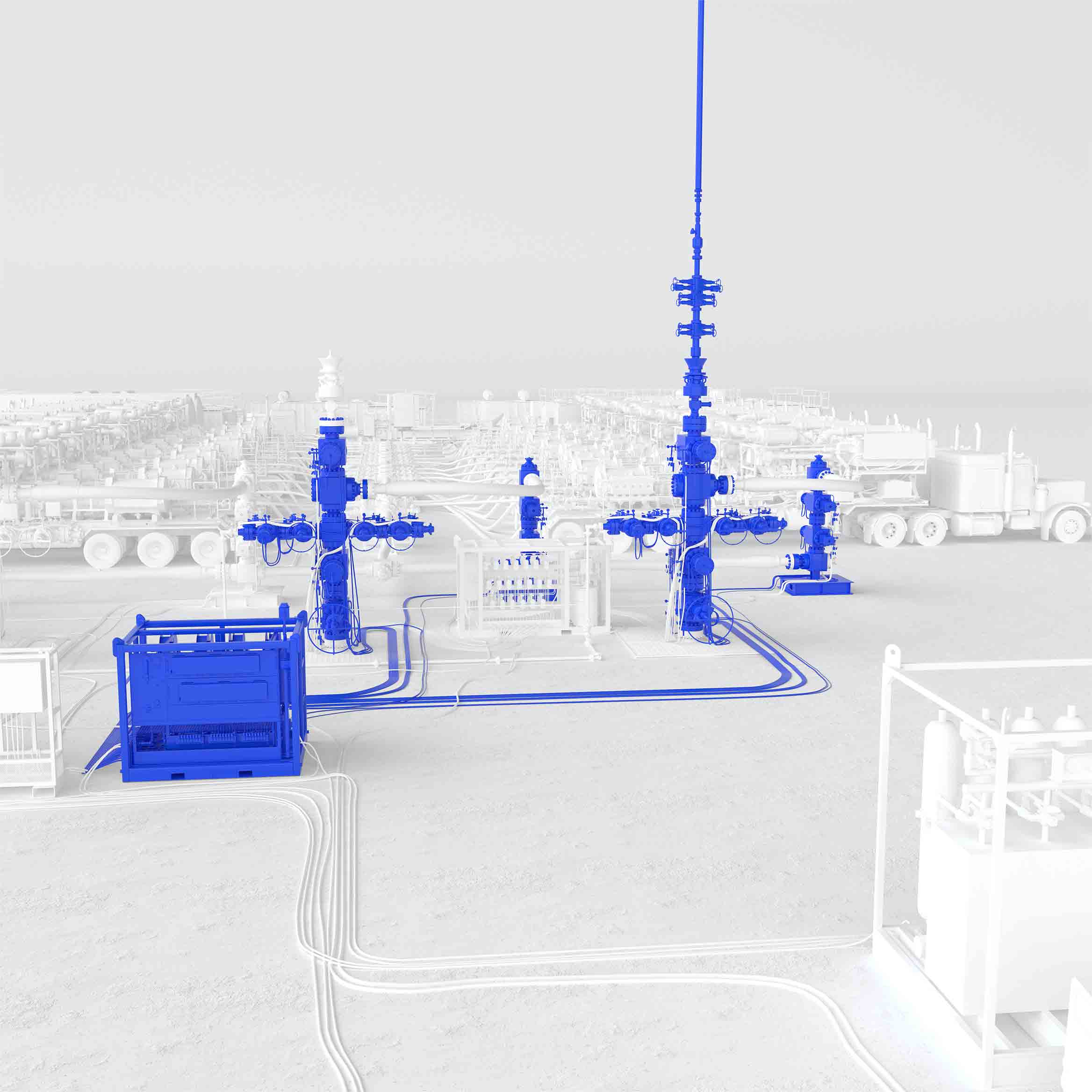 Schematic of hydraulic frac surface setup, including frac trucks, frac trees, pumps, and manifolds.