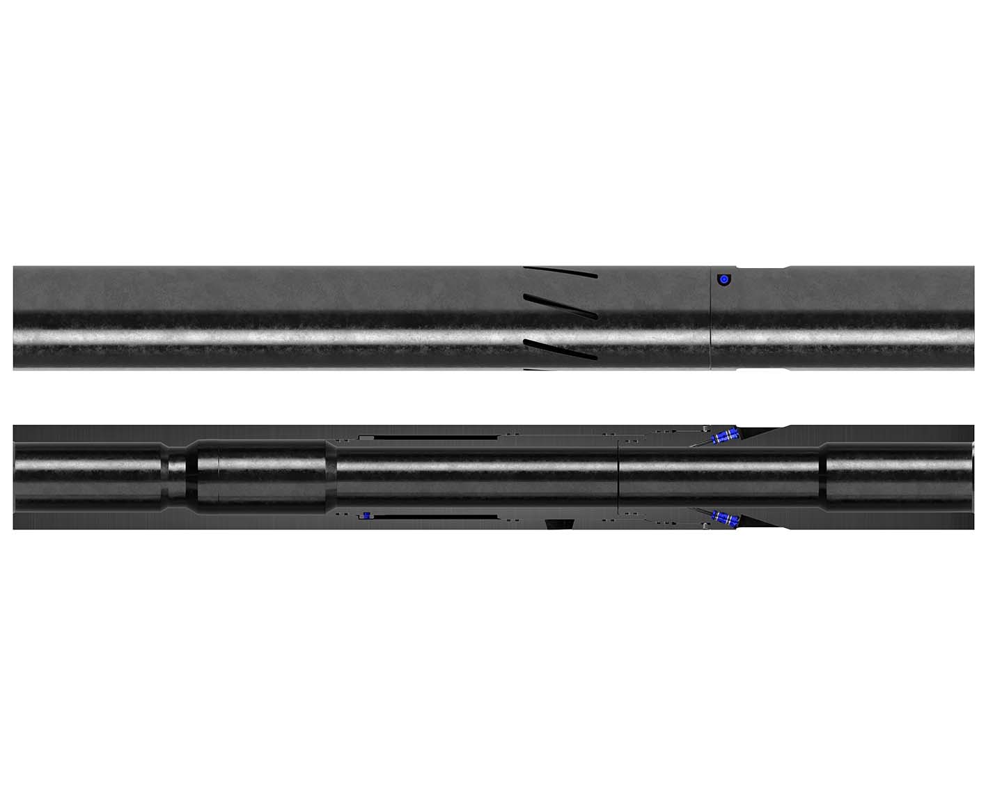 External and cutaway view of KickStart valve with exit ports and rupture discs.