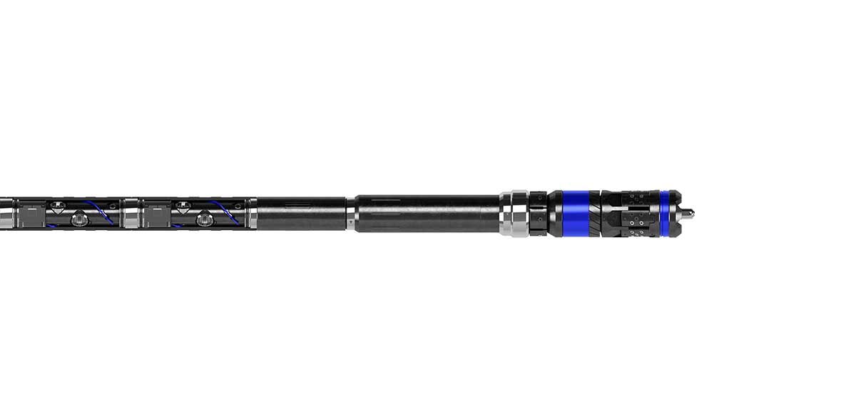 Unity integrated frac plug and perf gun system fitted with a FracXion Micro fully composite frac plug.