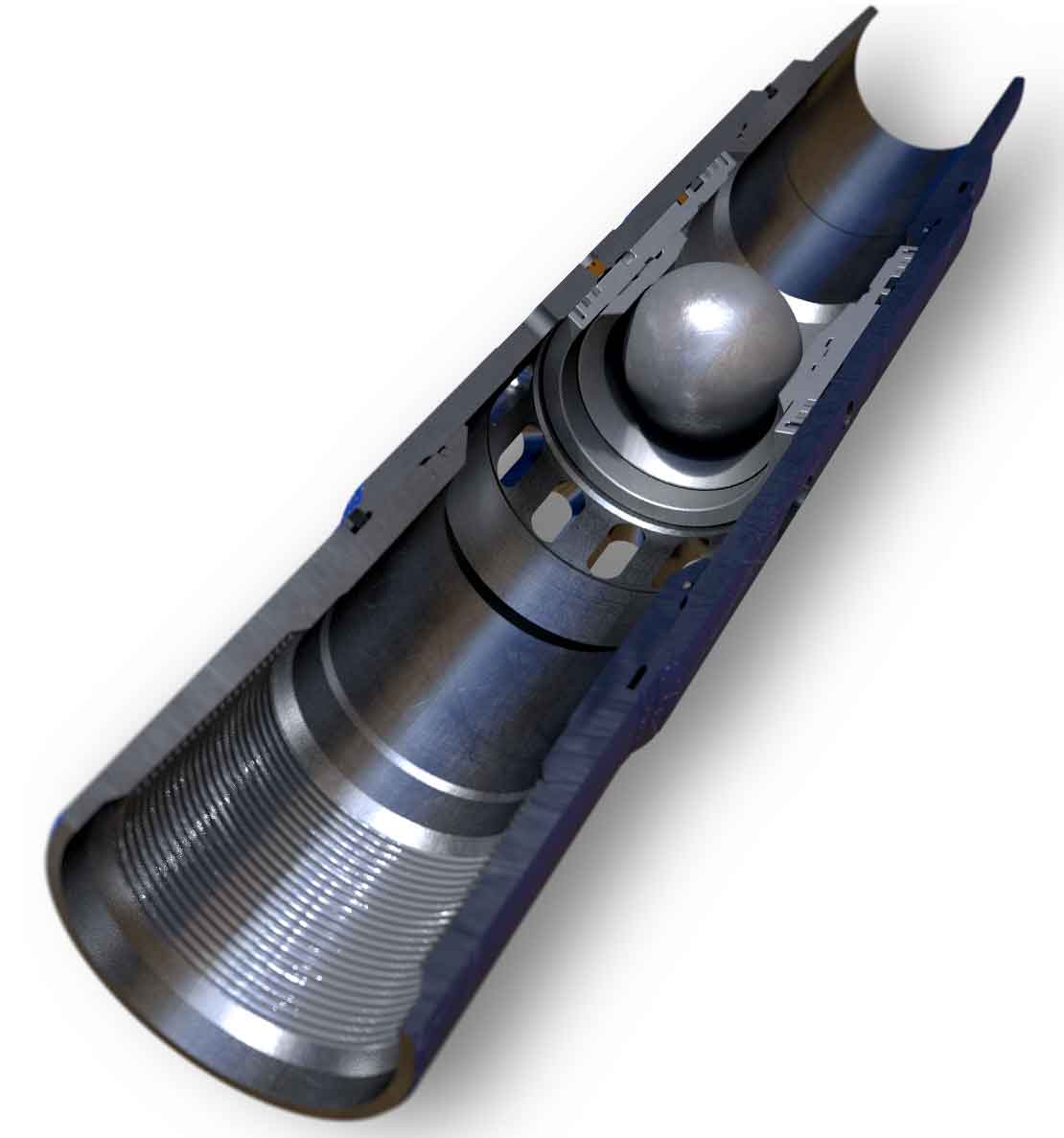3D rendering of a DropShift frac sleeve with a ball on the seat in an uncemented completion.