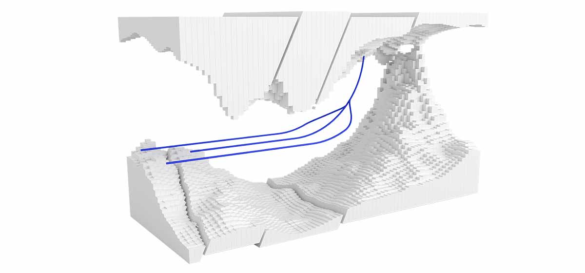 Artist's rendering of a blue multilateral well in a white formation.