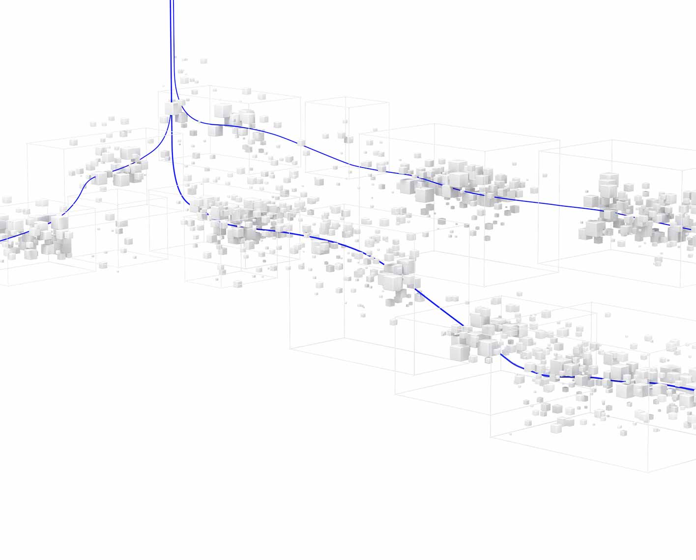 3 horizontal multizone wells depicted by blue lines, with zones shown by clusters of white cubes.
