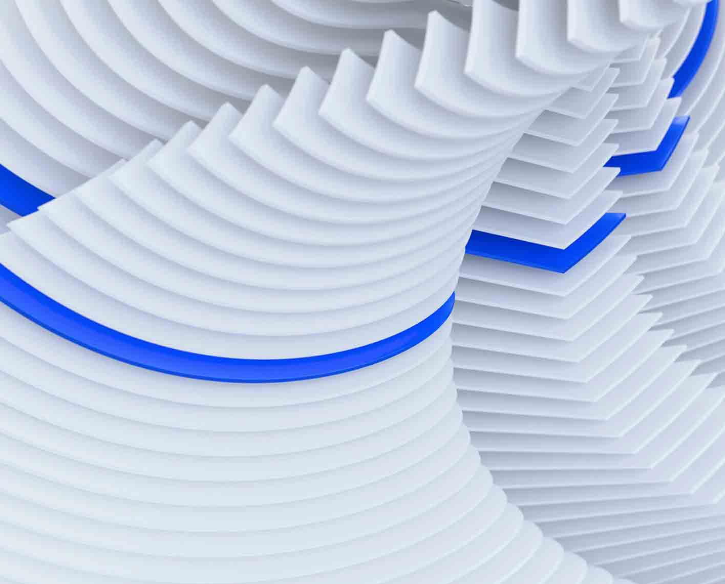 Stylized image of curved surfaces consisting of white planes and one blue plane.