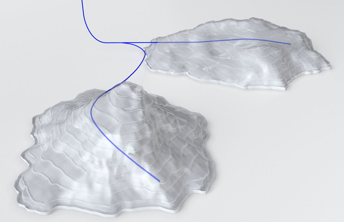 Abstract render of a multilateral system with blue wells and glass reservoirs tagged with the Footprint Reduction icon