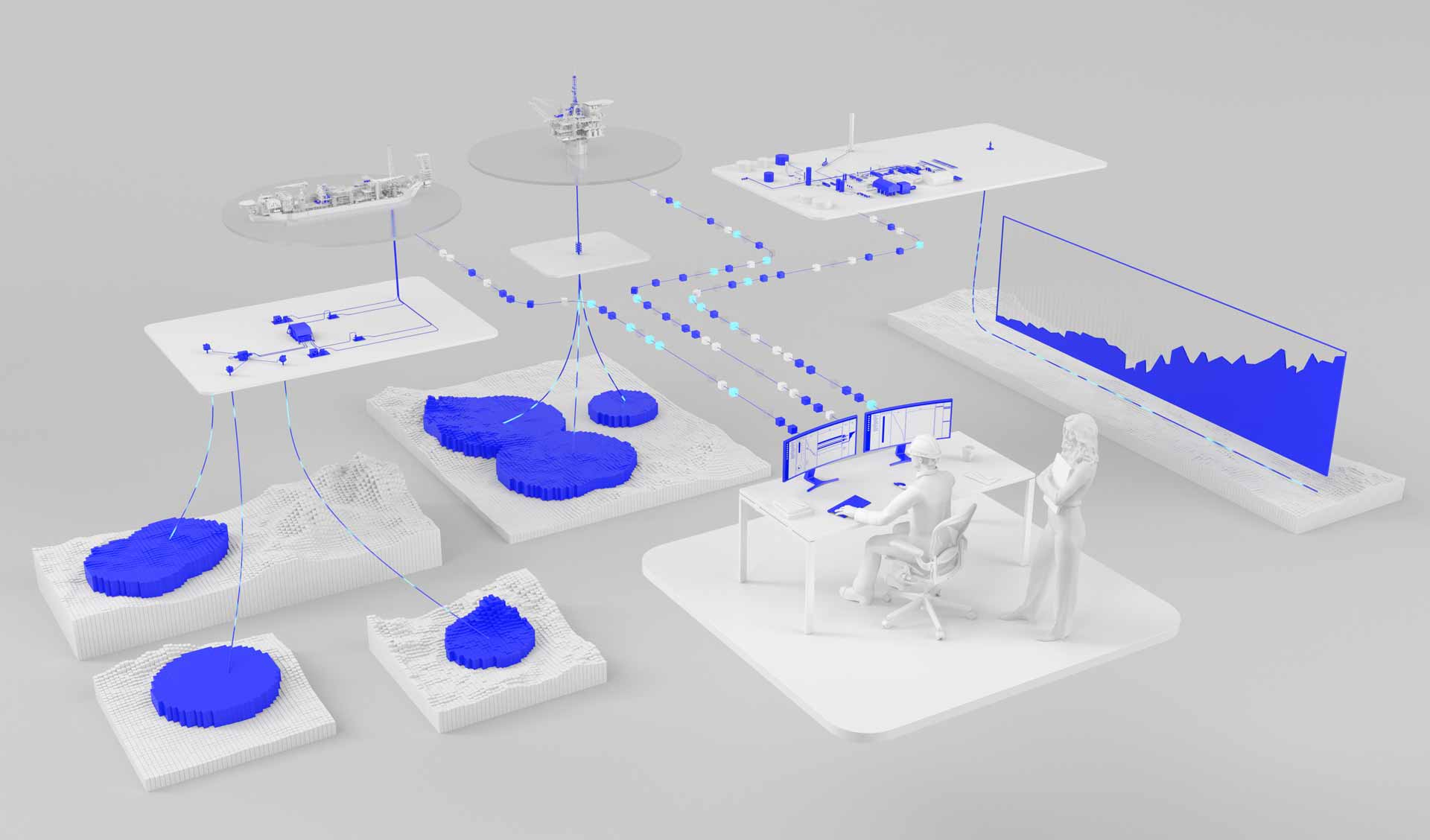 Production operator and production engineer viewing the real-time production intelligence across assets available through Optiq real-time fiber-optic interpretation and analysis.