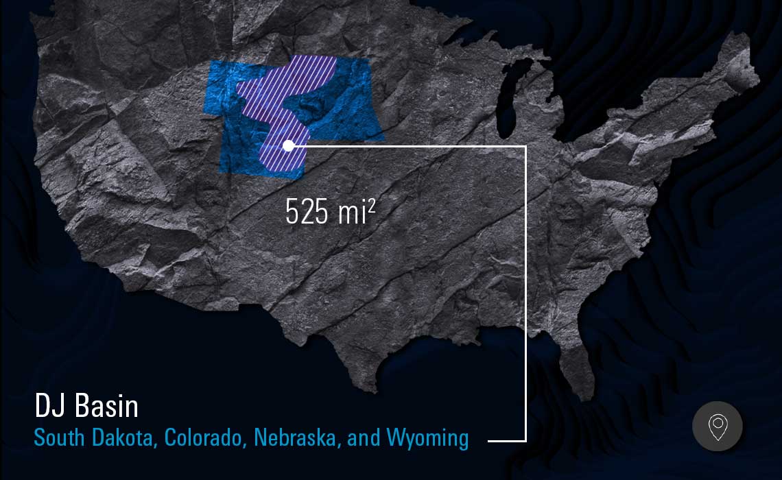 Illustration of a North America map highlighting the DJ basin